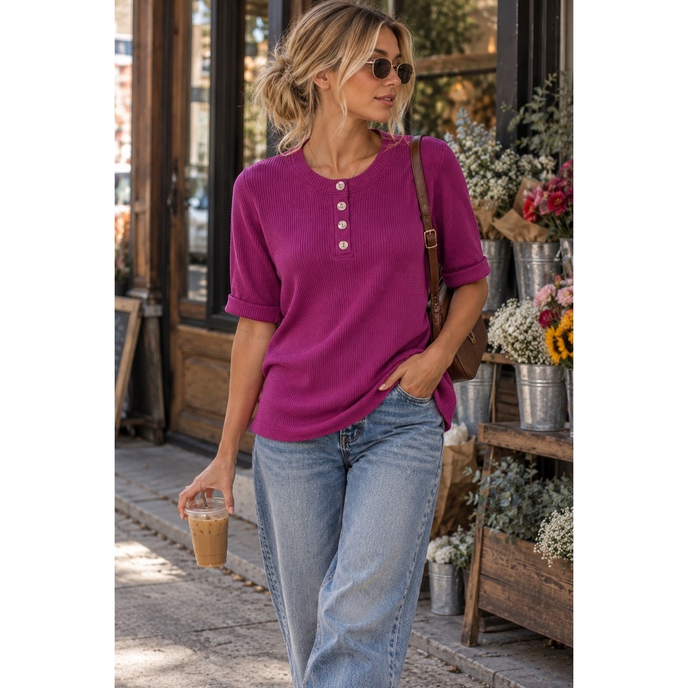 Purple Waffle Knit Henley Top M Elbow Cap Sleeve Minimalist Andree by Unit